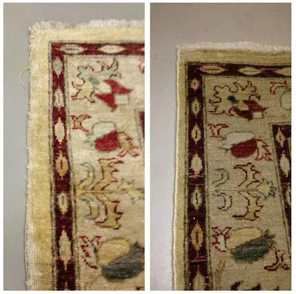 Rug corner with a failed glued backing, shown before and after repair